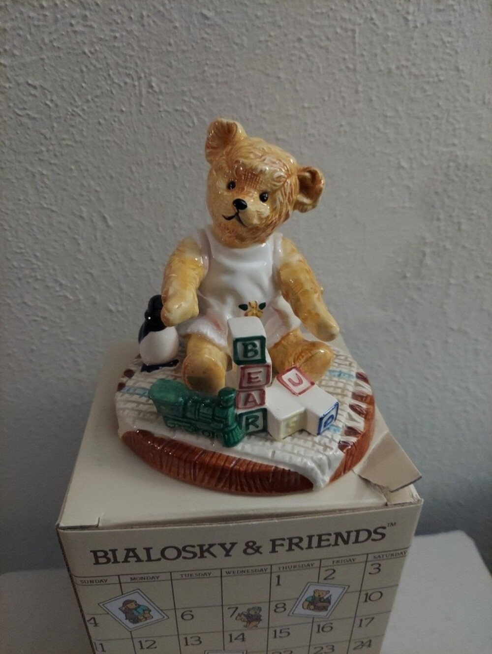 Vintage 1985 Bialosky & Friends Ceramic Teddy with Blocks And Penguin